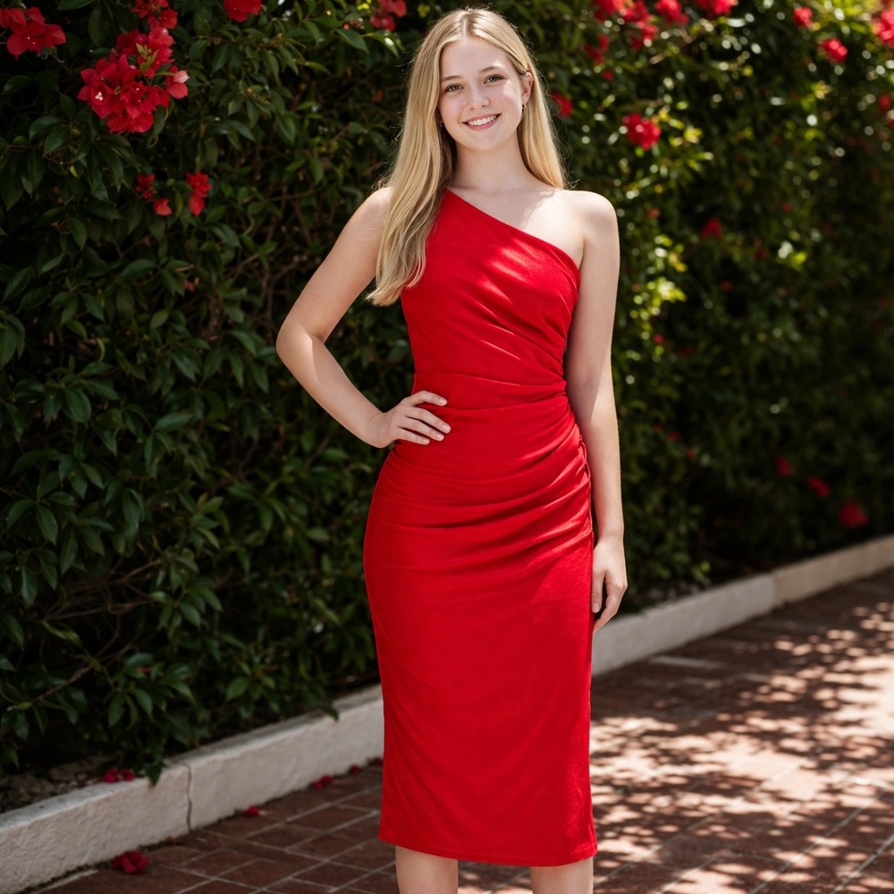 Dress the Population Martine One Shoulder Ruched Midi Dress‎ Rouge Red Small NEW